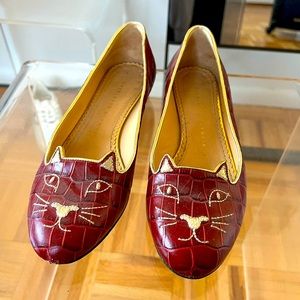 Charlotte Olympia Cat Red Leather Flats. Size 36.5.